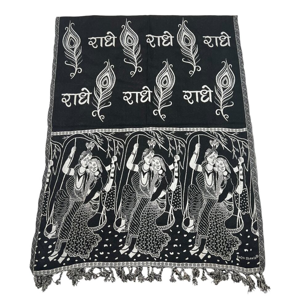 Raju Shawls Traditional Stole Scarf Radha Krishna Print FLAW Black White 27 x 72